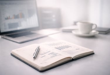 Carnet ouvert avec graphiques et stylo, ordinateur en arrière-plan — pilotage quotidien des KPI (ADR, OCC, RevPAR).