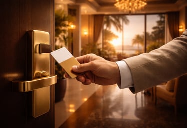 Main utilisant une carte-clé sur une serrure en laiton dans un hôtel de luxe, ambiance chaleureuse et vue tropicale