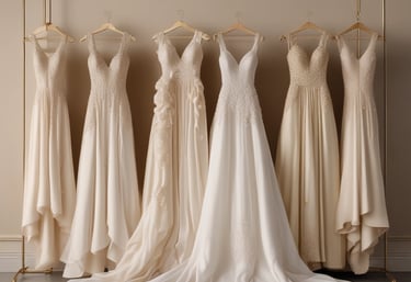 A woman in a luxurious, flowing bridal gown stands near a doorway, gazing thoughtfully into the distance. The dress features intricate lace detailing on the bodice and a voluminous tulle skirt. The room is softly lit, creating a serene and contemplative atmosphere, with vintage-style decor visible in the background.