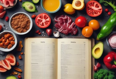 A vibrant display of floating food items includes an avocado half, a brown egg, cherry tomatoes, a slice of red bell pepper, almonds, and leafy greens. Among them, a fork and letter tiles spelling 'KETO' are interspersed. The background features a warm, mustard yellow color.