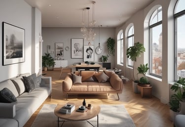 A cityscape with a real estate sign in the foreground, prominently displaying the name and phone number. Surrounding the sign are various buildings with different architectural styles, some with scaffolding and green netting. The scene features a mix of older, worn structures alongside modern glass-fronted buildings. Power lines and construction materials add to the urban complexity.