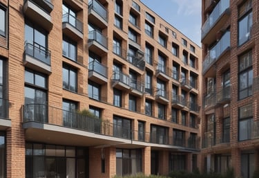 A commercial property featuring two buildings with metal roofs, situated in an industrial area. Several parked vehicles, including vans and cars, are seen near the buildings. The surroundings are well-maintained with greenery and clear weather with blue skies and clouds in the background.