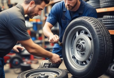 A spacious and well-lit automotive repair shop with several vehicles, including a truck on a lift and another with its hood open. The area is organized with tools and equipment scattered around workstations, with blue car lifts and various service bays visible.