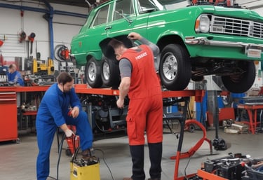 A spacious and well-lit automotive repair shop with several vehicles, including a truck on a lift and another with its hood open. The area is organized with tools and equipment scattered around workstations, with blue car lifts and various service bays visible.