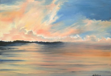 an oil painting of a vibrant sunset over a body of water
