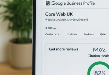 Google Business Profile and citation report displayed on a computer monitor