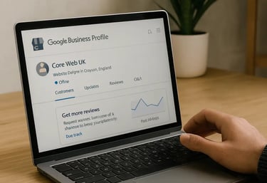 ✅ ALT Text  Person managing a Google Business Profile on a laptop.