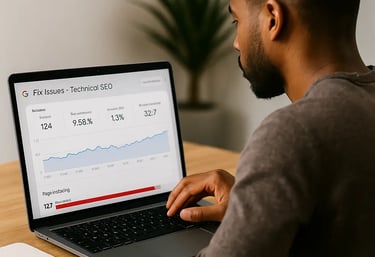 Man reviewing technical SEO issues in Google Search Console on a laptop