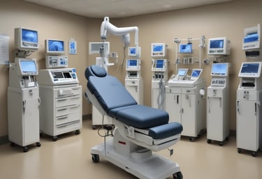 A large offshore platform with a yellow steel framework extends over the water. The site includes a deck filled with various containers, pipes, and equipment. Two workers in red outfits are visible on the platform deck. A drilling rig is centrally positioned, and there is a flame burning in the background, indicating the flaring of gas.