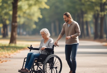 A friendly staff member engaging with a resident in a bright and cheerful common area.
