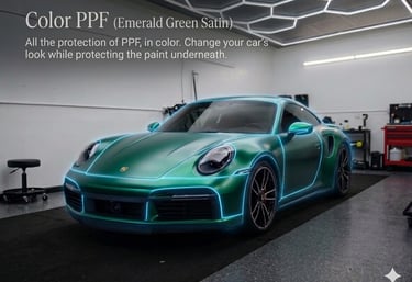 A luxury Porsche 911 showcasing a Color PPF installation in Emerald Green Satin at Bluemax Tint. The