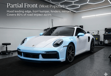 A professional infographic showcasing the Partial Front Paint Protection Film (PPF) package on a whi