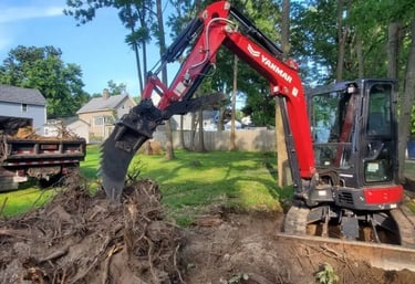 A mini excavator with a ripper attachment digs around the base of a large tree stump