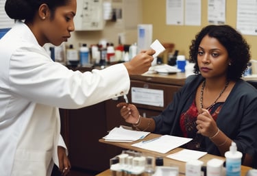 A healthcare professional conducting a mobile drug testing procedure inside a vehicle.