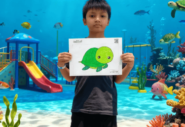 Kid holding artwork in front of large interactive aquarium screen for Color to Life experience