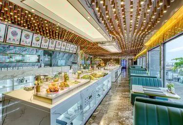 a restaurant with a long counter and a long counter