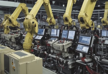 A mechanical laboratory setup featuring a robotic arm and several mechanical components, including precision instruments and metallic structures. The setup appears to be for industrial automation or testing purposes, with a clean and organized environment.