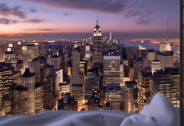 A vibrant city skyline at sunset, showcasing tall buildings and colorful lights.