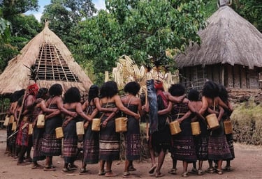 a group of people standing in front of a hut with thatched huts