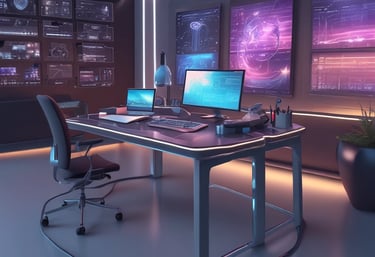 A modern creative studio workspace showcasing design tools and branding materials.