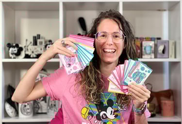 A Spanish tutor holding flashcards