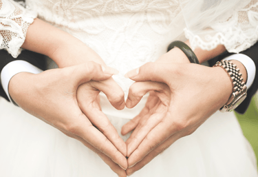 a bride and groom are making a heart shape with their hands