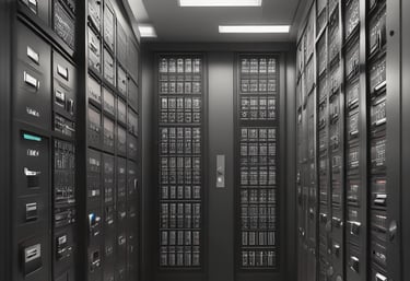 A metallic lockbox is attached to the handle of a black door. The front panel of the lockbox is open, revealing its interior with buttons and a mechanism inside. The door has a cylindrical lock above the handle, and the edge of a brown wall is visible on the right.