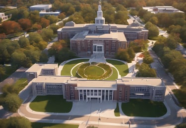 A multi-story educational institution is surrounded by a grassy field. Several people wearing uniforms are gathered in front of the building, some walking across the lawn. The sky is partly cloudy, and there is signage on the building indicating a school name.