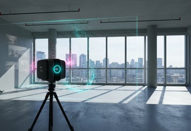 Modern high rise interior space in downtown Vancouver being scanned by Leica BLK 360, showing panoramic HDR image overlay and