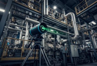 Faro Focus laser scanner mounted on a tripod, performing a 3D scan at a complex industrial site in Vancouver with visible pip