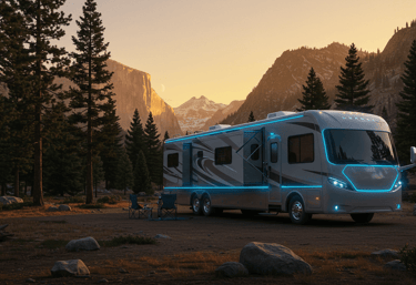 Futuristic RV with a scenic mountain background with tress