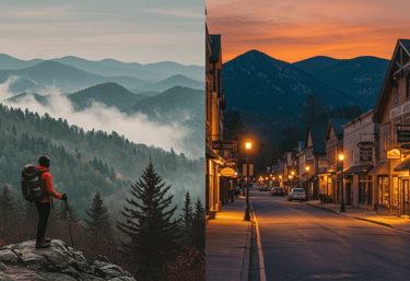 Great Smoky Mountains; charming town street at dusk. Best nature getaways USA 2025