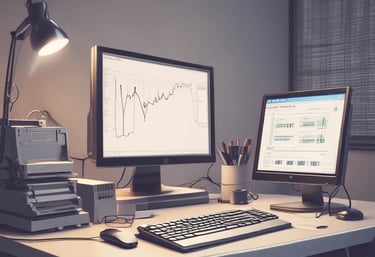 A person is holding a tablet displaying a point-of-sale system. The person is wearing a gray button-up shirt and stands in a room with dark walls and shelves in the background. The tablet screen shows various products and prices, indicating a business environment.