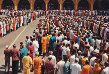A Hindu temple with intricate carvings and colorful statues is set in an urban environment. The entrance features traditional architectural elements with brightly painted figures of deities. A canopy extends over the gate, and informative signs are displayed near the entrance. The surroundings include red metal barricades and a large tree to the side.