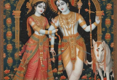 A traditional Indian temple with a terracotta-tiled roof and supporting columns, surrounded by lush greenery and palm trees. Several people are seen standing near the entrance, some wearing traditional attire.