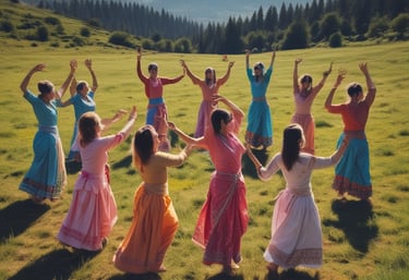 A vibrant and intricately detailed Hindu temple with a tall, ornate gopuram adorned with various colorful figures and patterns. The temple is surrounded by lush greenery, and several cars are parked in front of it. A clear blue sky serves as the backdrop.