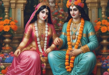 The image depicts an outdoor scene featuring a temple with intricate carvings and a pathway leading towards it. There is a multilingual signboard indicating directions to a garden and the Krishna Sudama statue. People are walking and sitting in the area, with trees and plants providing greenery.