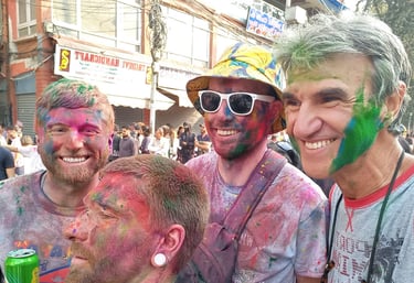 Backpackers partying in Kathmandu during Holi festival