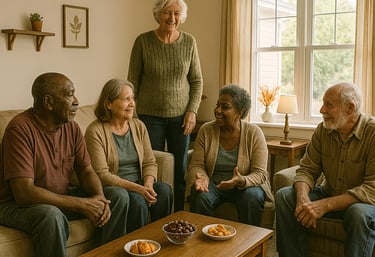 a group of people sitting around a table