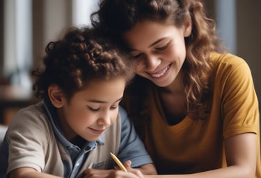 Warm daytime scene of a babysitter helping a child with homework at a bright kitchen table.