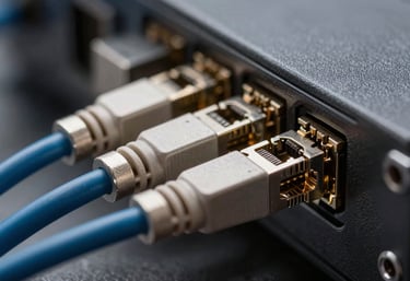 Macro photography of industrial-grade network cables and high-performance server hardware components, focusing on metallic silver and steel gray textures.