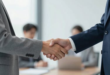 An image showing a symbolic handshake between two professionals in a light-filled office. The background is slightly out of focus to emphasize the connection. Colors are muted greys and navy (#2D3748, #A0AEC0) to suggest a client-centric, reliable partnership.