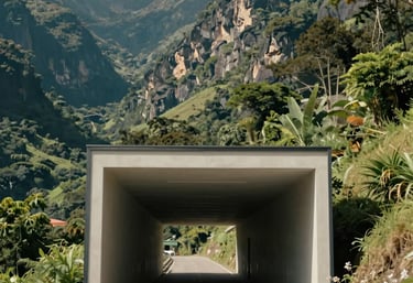 Cinematic photography of a sunlit tunnel entrance with sleek modern architecture, located in a green South American valley.