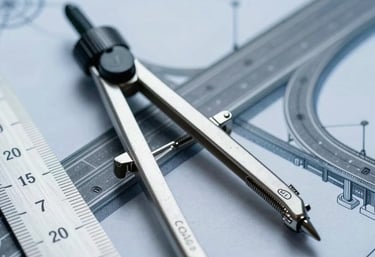 Macro photography of a professional compass and a ruler on a technical drawing of a highway interchange, with steel blue tones.
