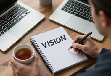 A clean, overhead shot of a business owner's desk with a laptop, a notebook with the word 'VISION' written in it, and a cup of tea. Very organized and inspiring. North American / US lifestyle photography.