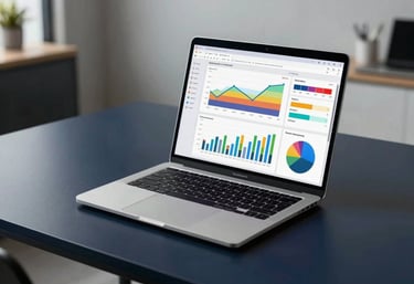 A sleek, modern laptop open on a dark navy desk. The screen shows a dashboard with colorful business growth charts. The background is a minimalist office with soft lighting. North American / US corporate aesthetic.