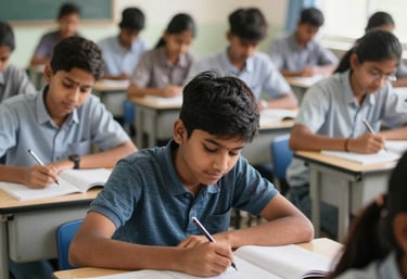 A dedicated teacher engaging with a group of attentive students in a bright classroom.