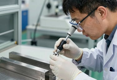 Inspector examining metal components carefully with precision measuring tools.