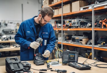 a person in a white suit and blue gloves