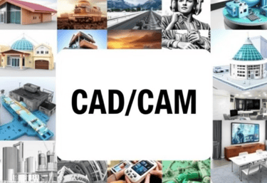 "CAD/CAM collage showing design and engineering applications in various industries."